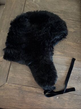 Saks Fifth Avenue Rabbit Fur Dyed Finish Trapper Hat with velour straps